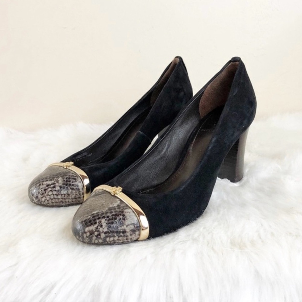 Tory Burch Pacey Black Suede Snake Print Block Pump Heels Women Size 8